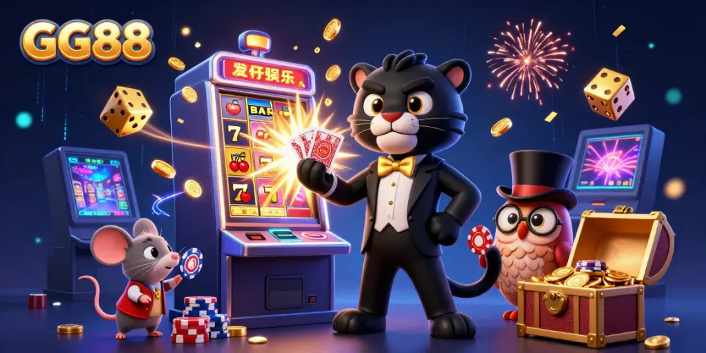Engaging GG88 scene featuring a stylish black panther dealing cards with a lucky mouse and owl amid a jackpot explosion.
