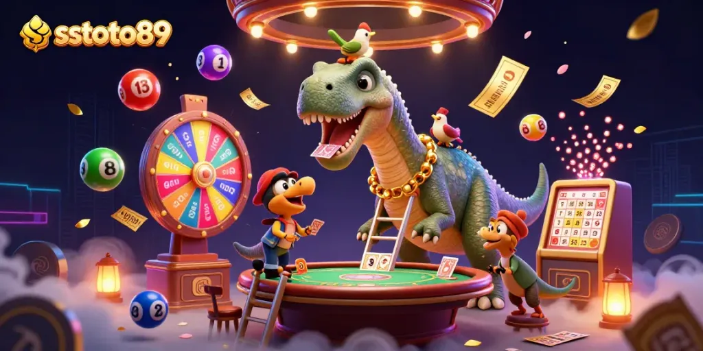Gambarkan permainan menyenangkan di sstoto89 dengan dinosaurus brontosaurus dan elemen lotere yang ceria.