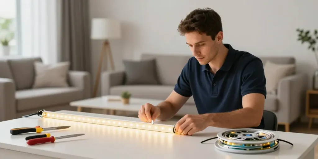Instalarea benzilor LED 220V de către un furnizor local de servicii de iluminat.