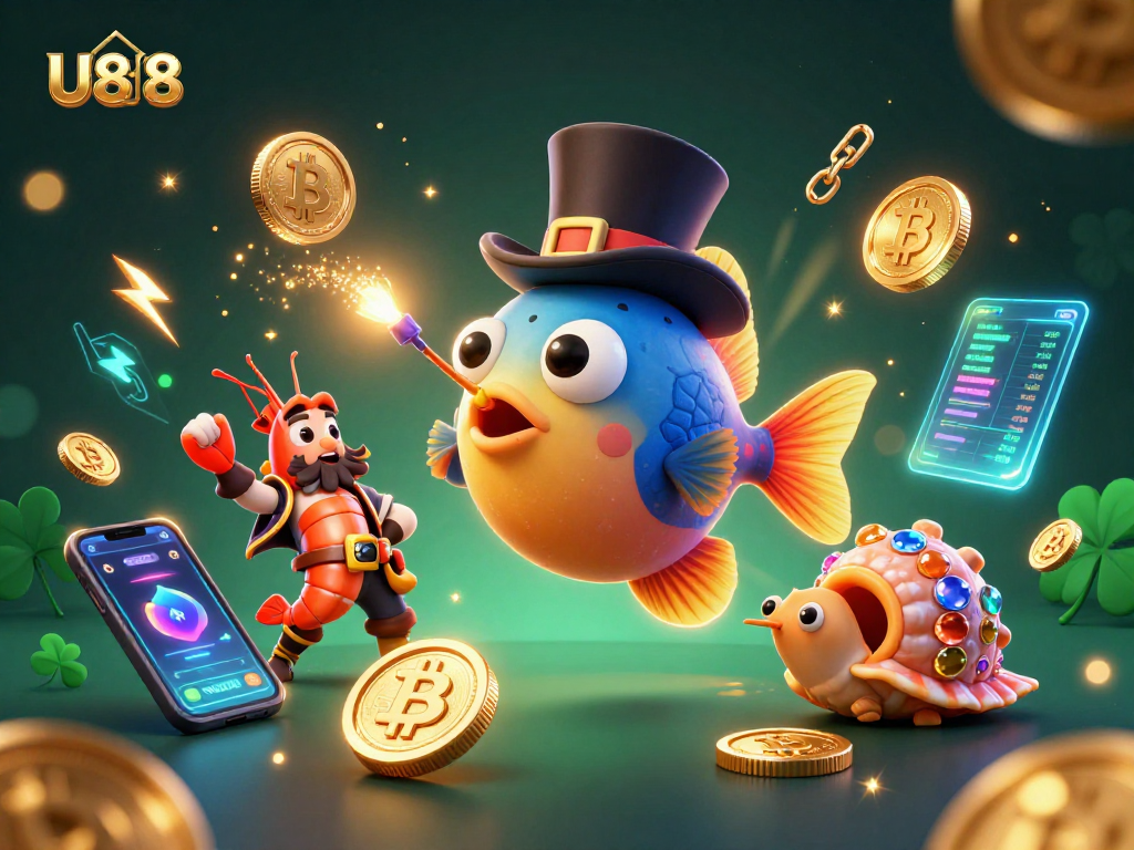 Engage with U888's vibrant 3D scene featuring a whimsical anglerfish and treasures, embodying the excitement of online gambling.