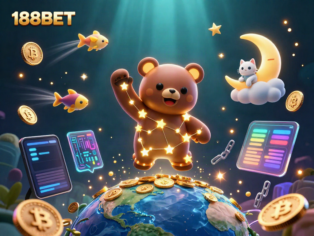 Experience the vibrant fantasy world of 188BET with a constellation bear, coins, and casino elements.