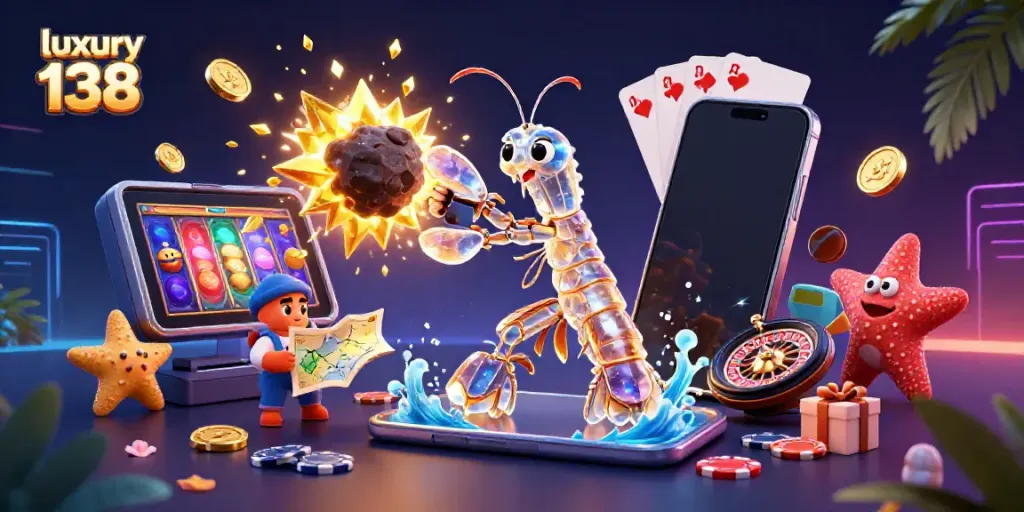 Experience luxury 138 with vibrant slot games and dynamic casino elements in a detailed 3D illustration.