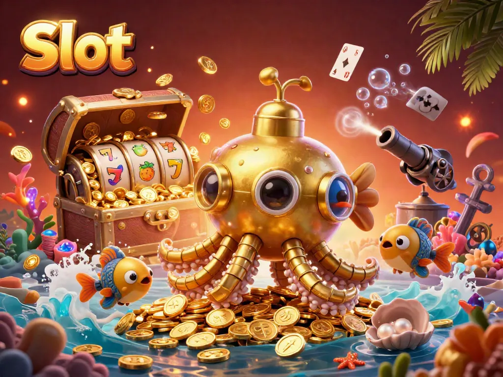 Engaging Slot-themed 3D illustration showcasing a golden kraken submarine amidst floating symbols and gold coins, creating a vibrant casino atmosphere.