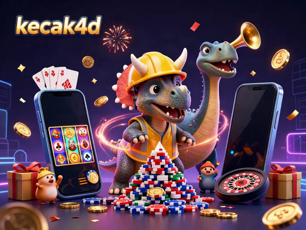Kecak4d offers a thrilling scene with a cartoon dinosaur celebrating casino wins with poker elements.