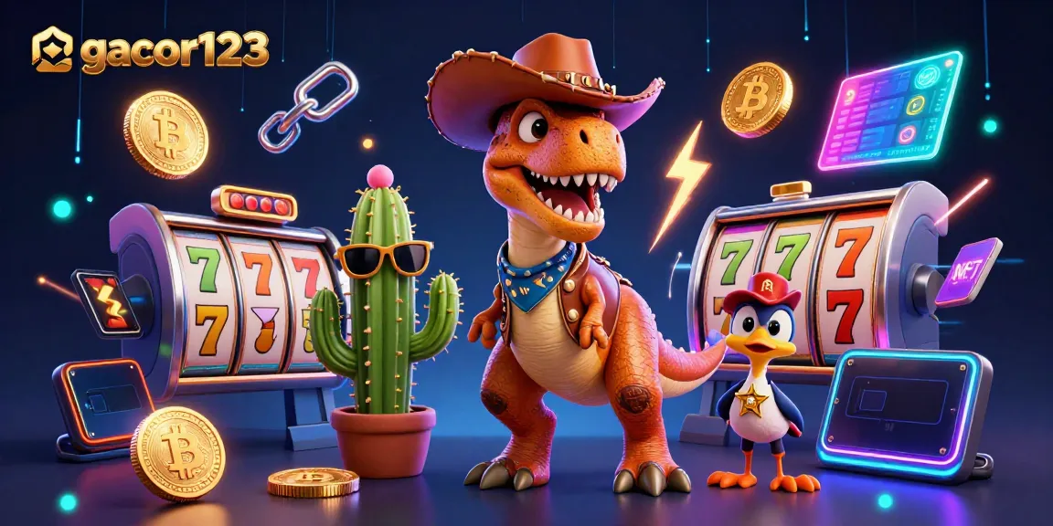 Experience the excitement of gacor123 with a dynamic 3D casino scene featuring charming characters and vibrant slot game elements.