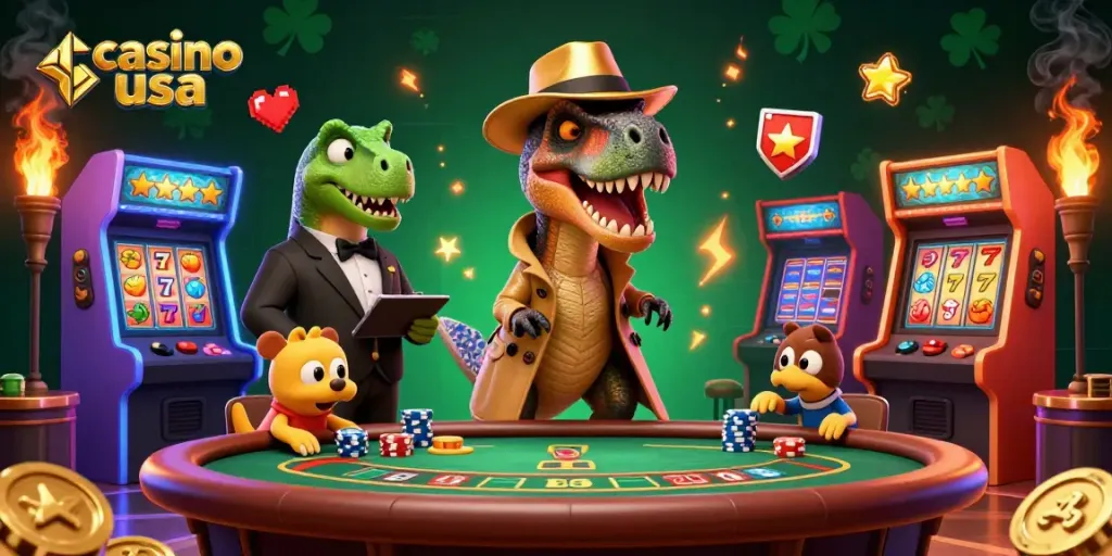 Experience a vibrant casino usa scene with a playful velociraptor card counter surrounded by slot machines and dramatic lighting.