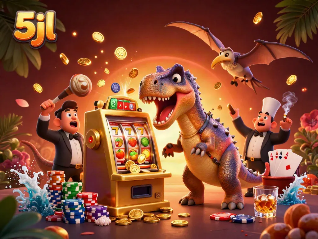 Experience thrilling wins at 5jl as a pachycephalosaurus hits the jackpot, celebrating casino fun.