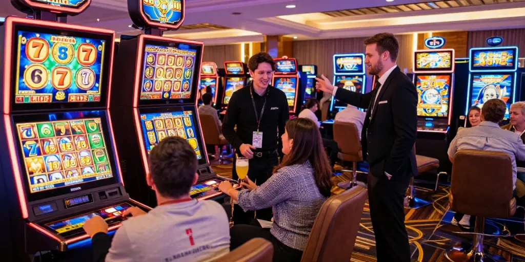 Engaging casino gaming scene with players on Lucky777 slot machines.