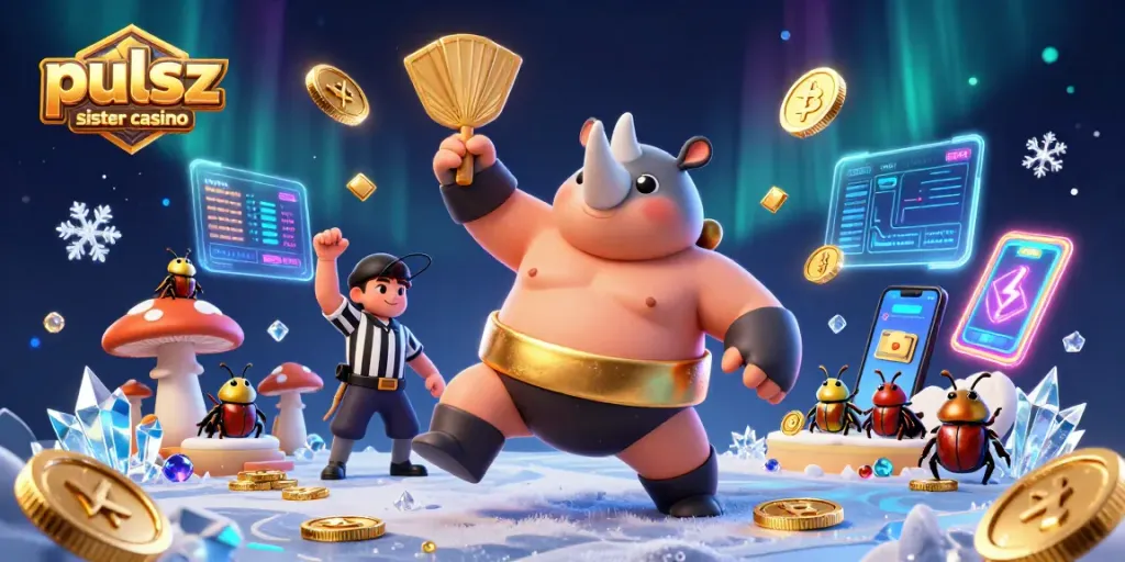 Pulsz sister casino features a dynamic scene with a rhinoceros beetle champion, showcasing thrilling gameplay and vibrant casino elements.