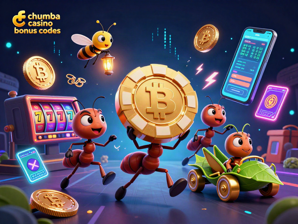 Team of ants running a heist while showcasing chumba casino bonus codes and dynamic gaming elements