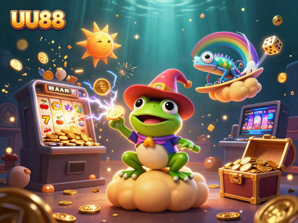 Watch the 3D weather wizard frog and rainbow chameleon in an exciting UU88 casino scene filled with golden coins.