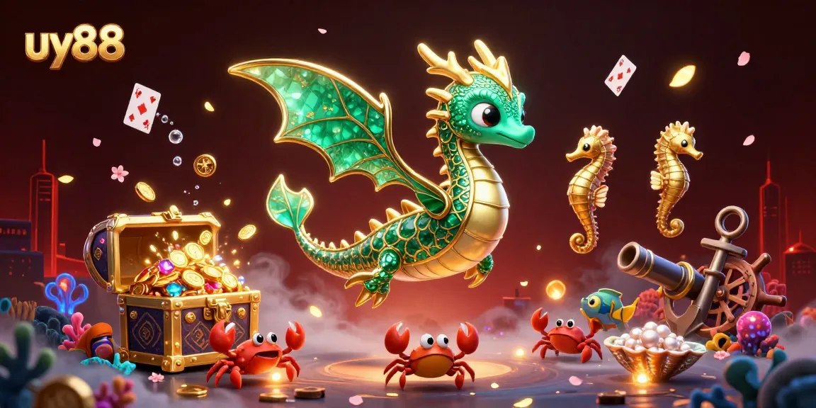 Win big with uy88 as a majestic sea dragon guards a treasure chest surrounded by vibrant casino elements.