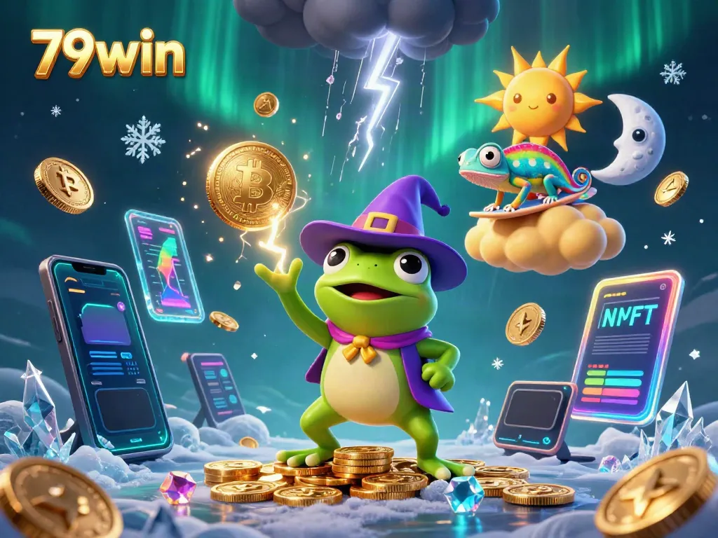 Experience the excitement of 79win with a fantasy scene of a wizard frog amidst golden coins and vibrant elements.