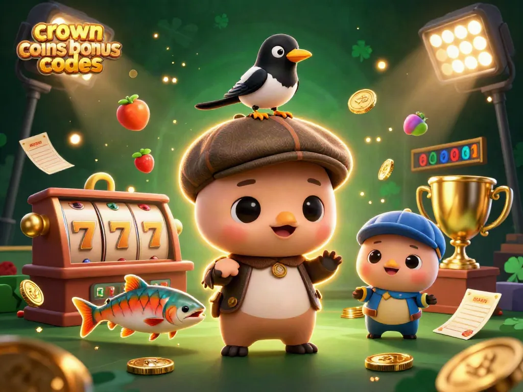 Crown coins bonus codes featured in a playful scene with Nessie, a magpie, and colorful slots.