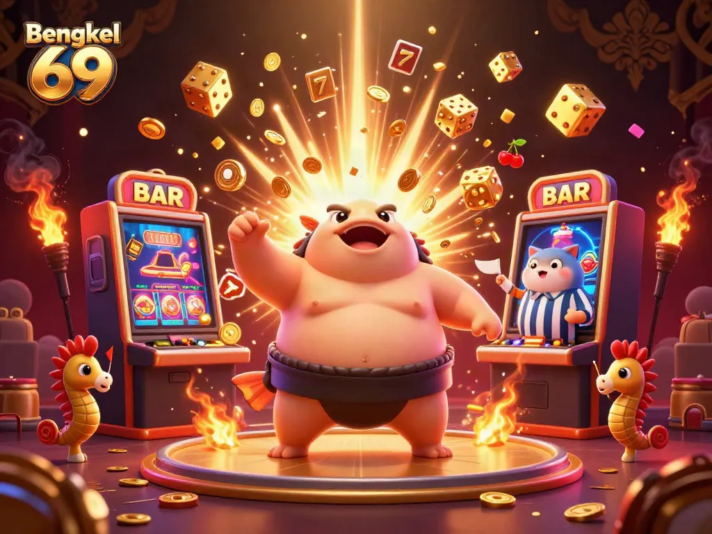 Bengkel 69 highlights an exciting scene with a fugu and casino elements, showcasing slot machine jackpots.