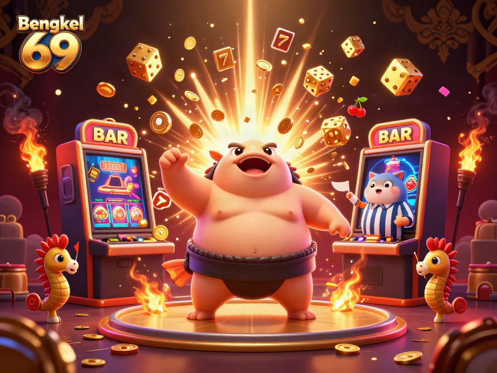 Bengkel 69 highlights an exciting scene with a fugu and casino elements, showcasing slot machine jackpots.