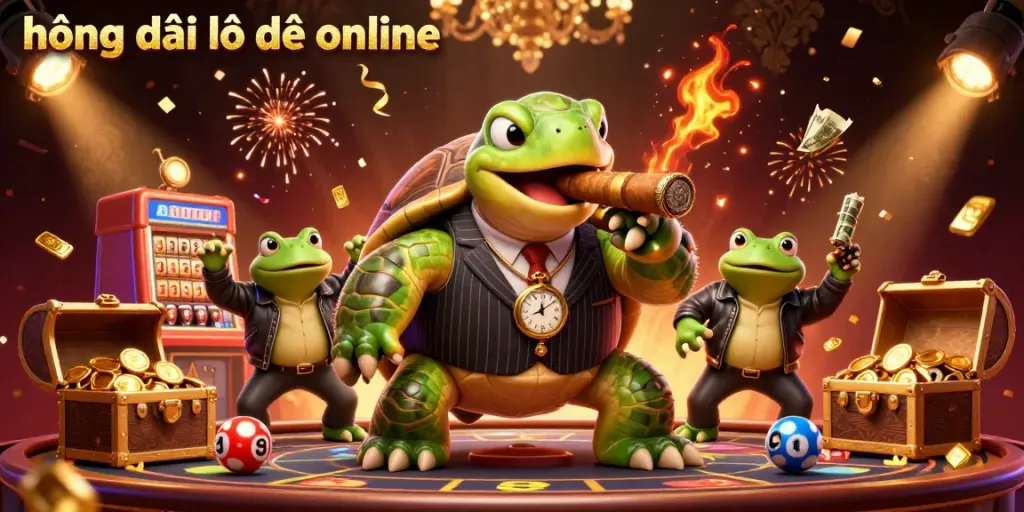 Experience the excitement of hướng dẫn lô đề online with our dynamic 3D illustration featuring a snapping turtle mobster and lottery elements.