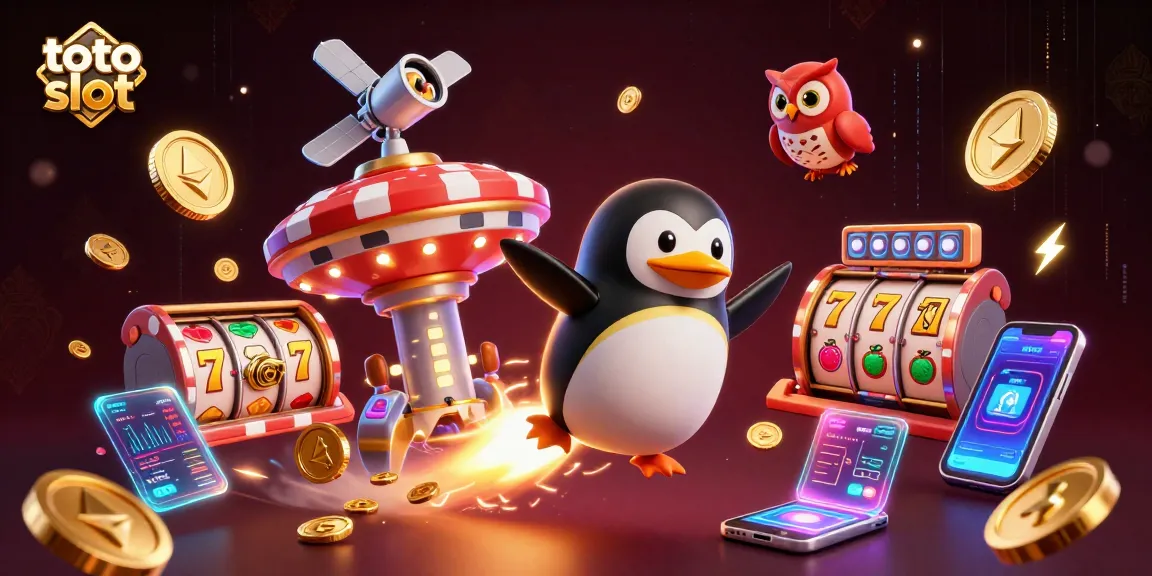 Jelajahi dunia toto slot dengan penguin emas bertenaga roket di antariksa, dihiasi simbol slot dan koin cryptocurrency.