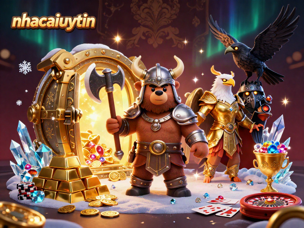 Win big with nhacaiuytin at this vibrant casino-themed illustration featuring dynamic characters and elements.