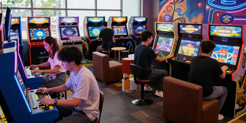 Players exploring Yono Arcade's vibrant gaming lounge with engaging arcade games.