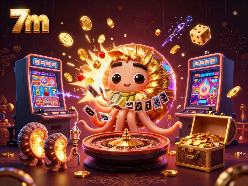 Engage in thrilling casino action with 7m, featuring a giant nautilus roulette and vibrant game symbols.