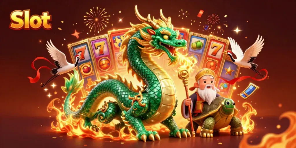 Experience vibrant slot action with a jade dragon and dynamic symbols in this 3D scene.
