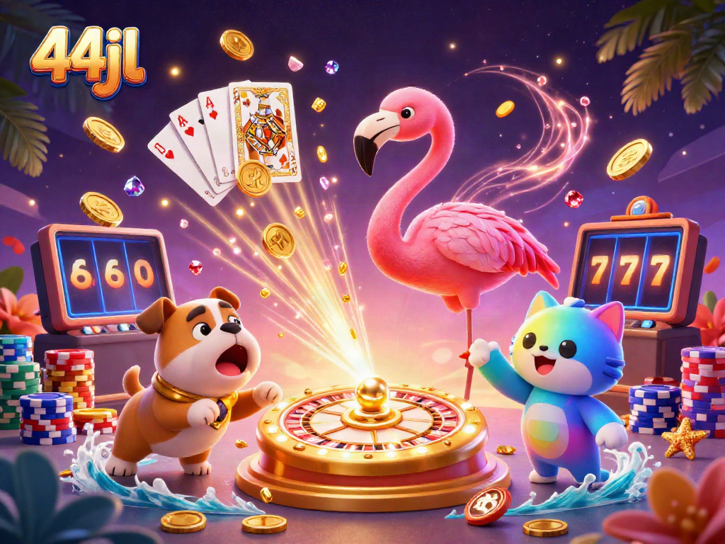 Engage with 44jl's thrilling prize scene featuring vibrant characters and casino elements.