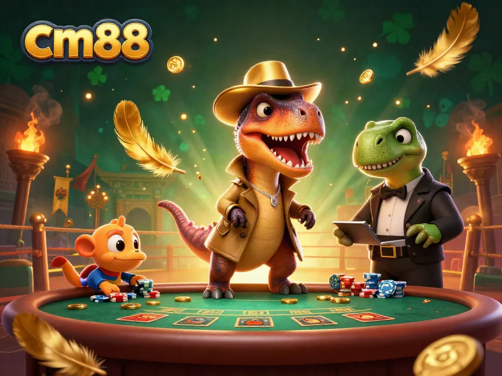 cm88 velociraptor card counter sneaks chips at a blackjack table amidst magical casino elements