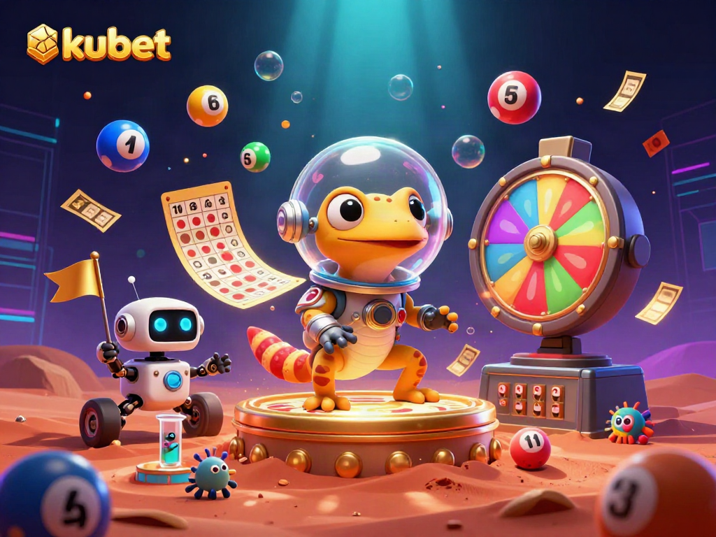Engage in kubet adventures with a Martian gecko discovering a golden casino amid vibrant gaming elements.