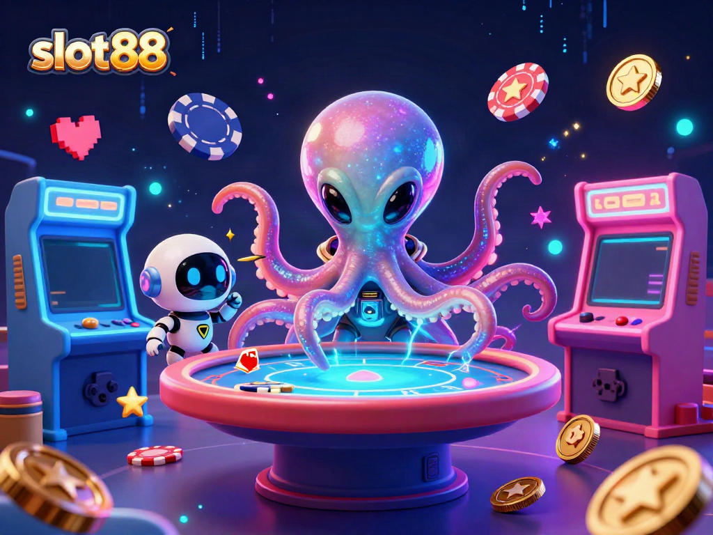 Slot88: ilustrasi permainan mesin slot dengan karakter alien dan robot meriah.