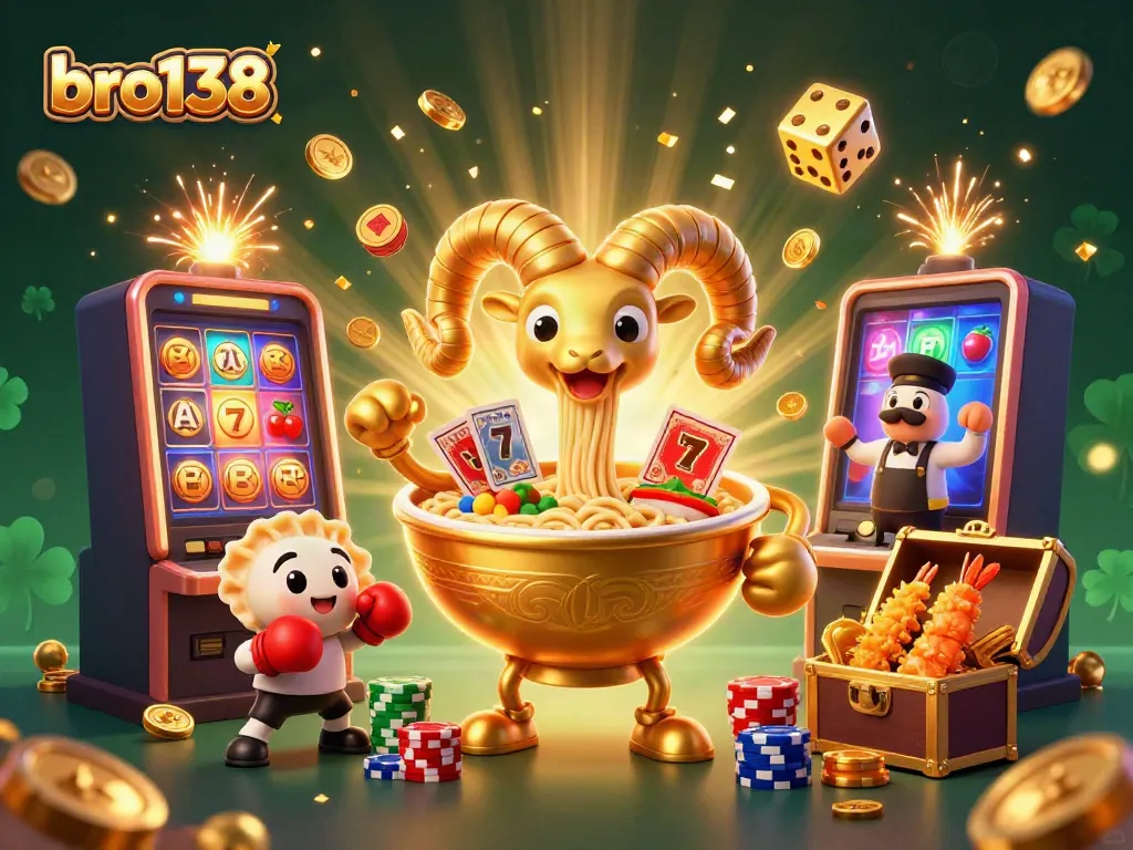 Play and win at bro138 with vibrant 3D illustration of a golden ramen bowl and themed casino elements.