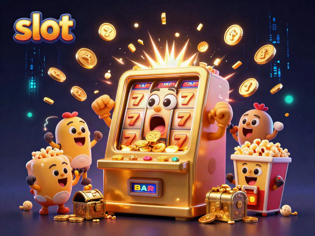 Experience thrilling slot action with a cartoon slot machine celebrating a jackpot amidst golden coins and fun elements.