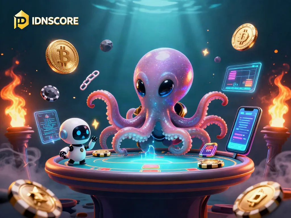 Play poker with IDNSCORE's animated octopus and crypto coins in a vibrant cosmic casino.