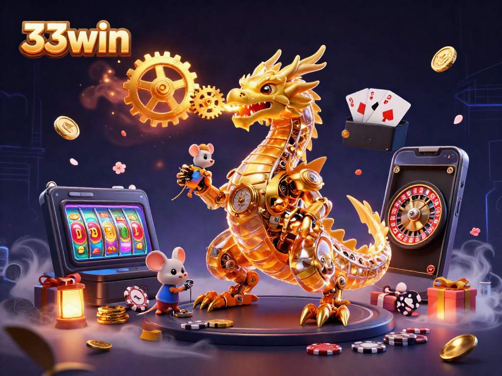 Experience the thrill of 33win with a vibrant 3D illustration of casino games and characters.