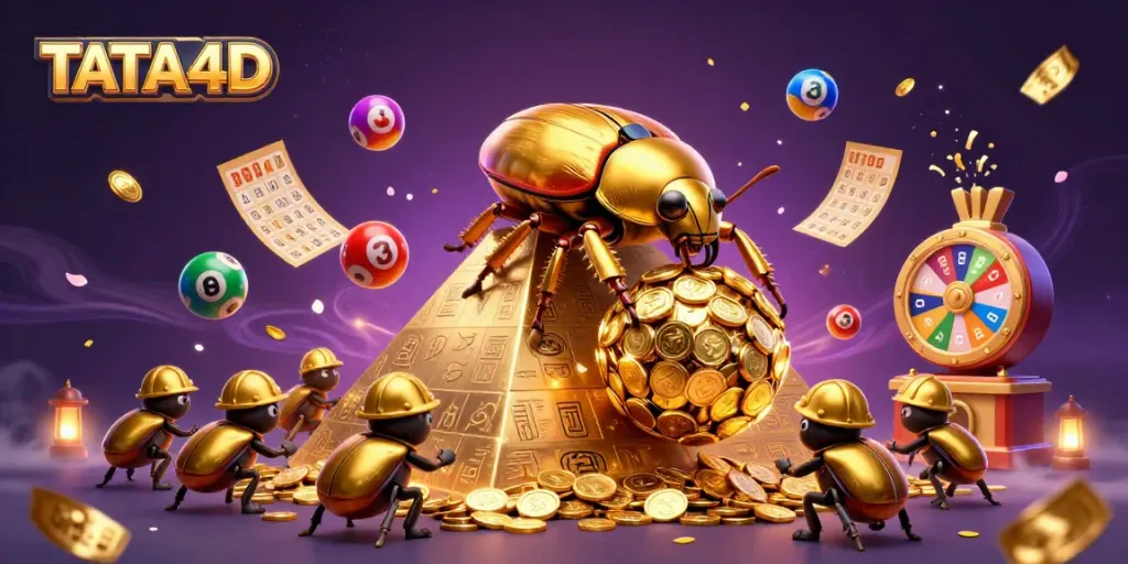 TATA4D slot-themed illustration showcasing a golden beetle rolling coins, surrounded by vibrant gambling elements.