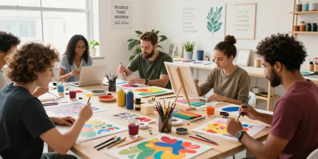 Workshop aksesibilitas di ArtStudioCB, menampilkan kolaborasi seni dengan alat adaptif untuk semua peserta.