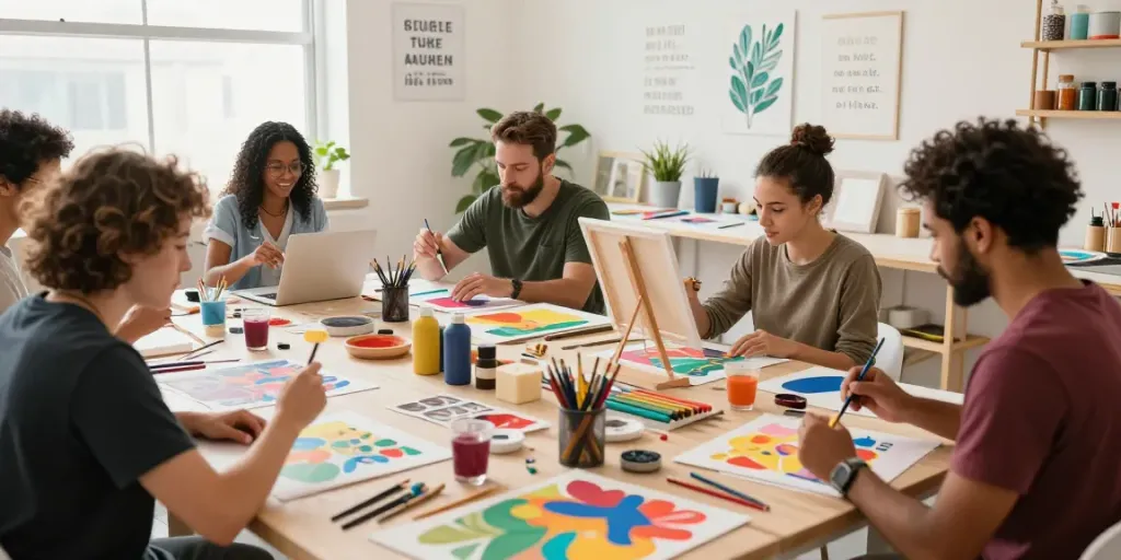 Workshop aksesibilitas di ArtStudioCB, menampilkan kolaborasi seni dengan alat adaptif untuk semua peserta.
