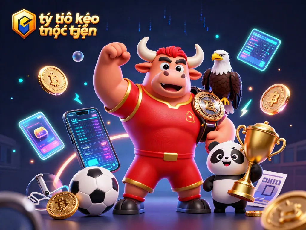 Engage in thrilling sports betting with tỷ lệ kèo trực tuyến at the forefront, featuring vibrant characters and dynamic gambling elements.