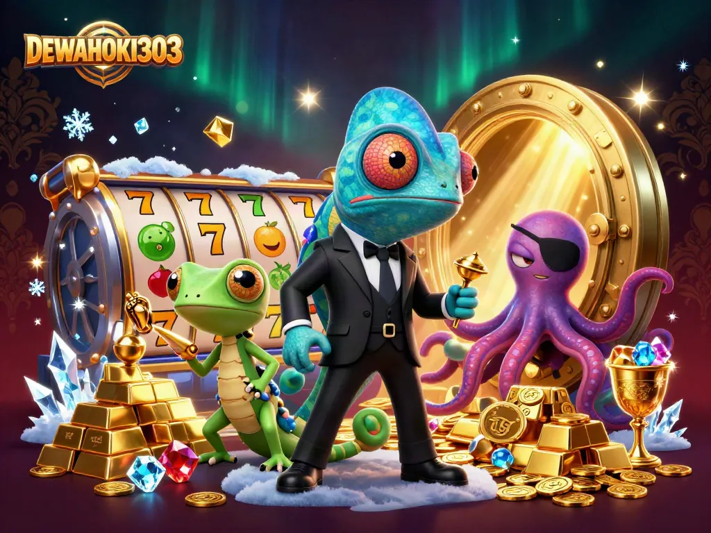 DEWAHOKI303 menampilkan agen chameleon, gecko cerdas, dan gurita, dikelilingi simbol slot dan harta karun.