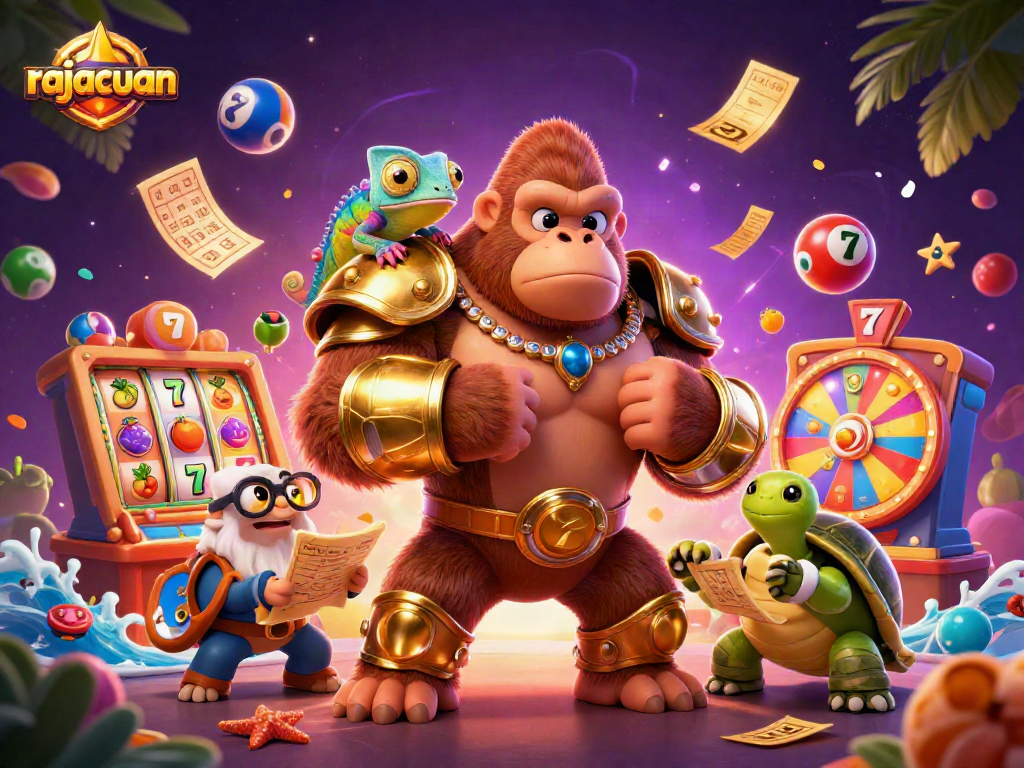 Rajacuan casino scene featuring a strong gorilla, chameleon, and tortoise with vibrant gaming elements.