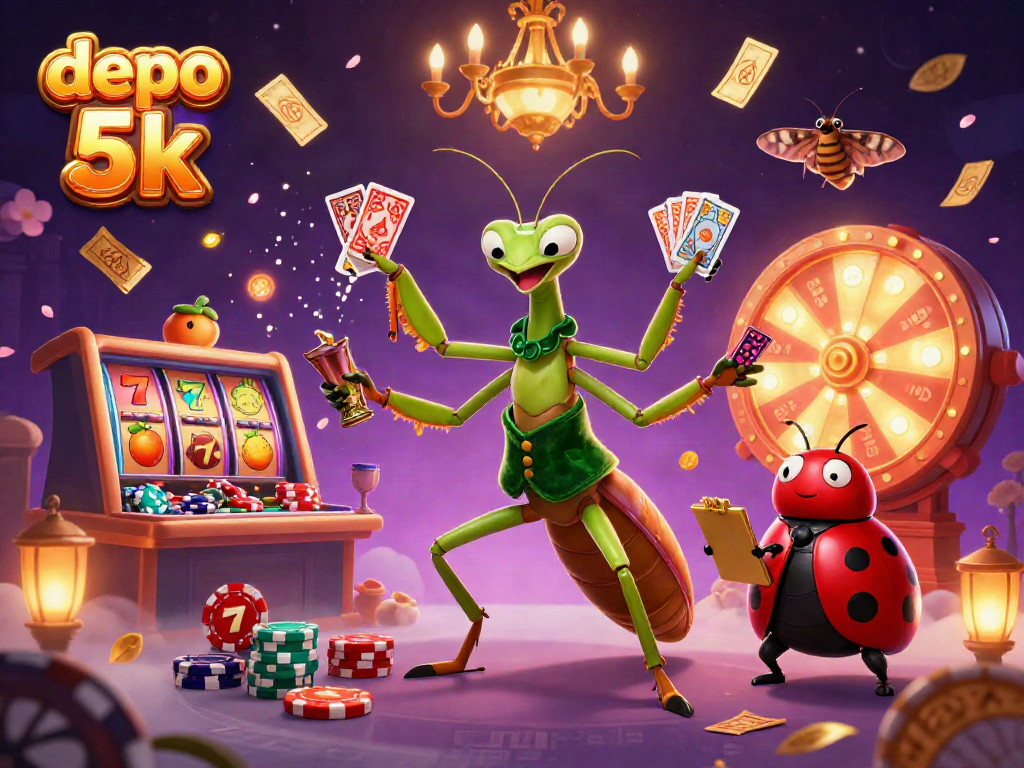 Engage in thrilling gameplay at depo 5k with vibrant slot reels, colorful tickets, and dynamic characters in action.