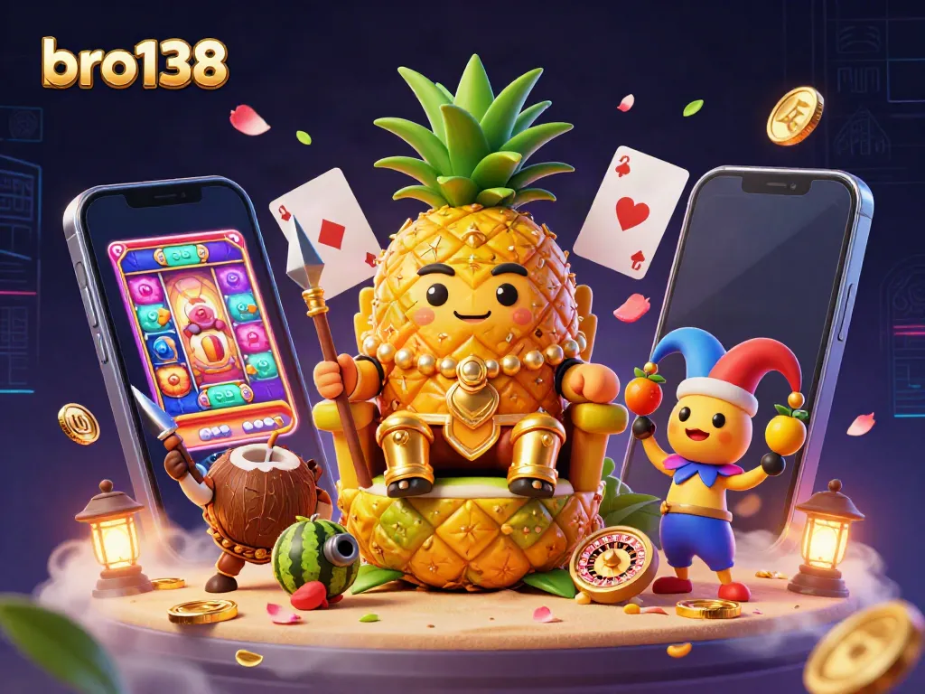 Experience the excitement of bro138 with a golden pineapple king and a beach casino setting filled with vibrant game elements.