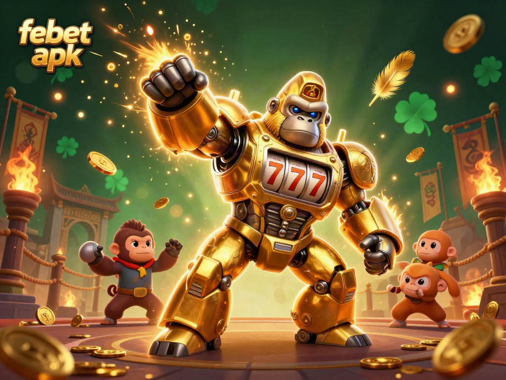 Experience big wins with febet apk, showcasing a vibrant casino scene featuring a golden mech and dynamic gaming elements.