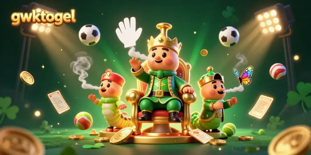 Gambarlah simbol kemenangan kasino di gwktogel dengan karakter karnaval 3D yang ceria.
