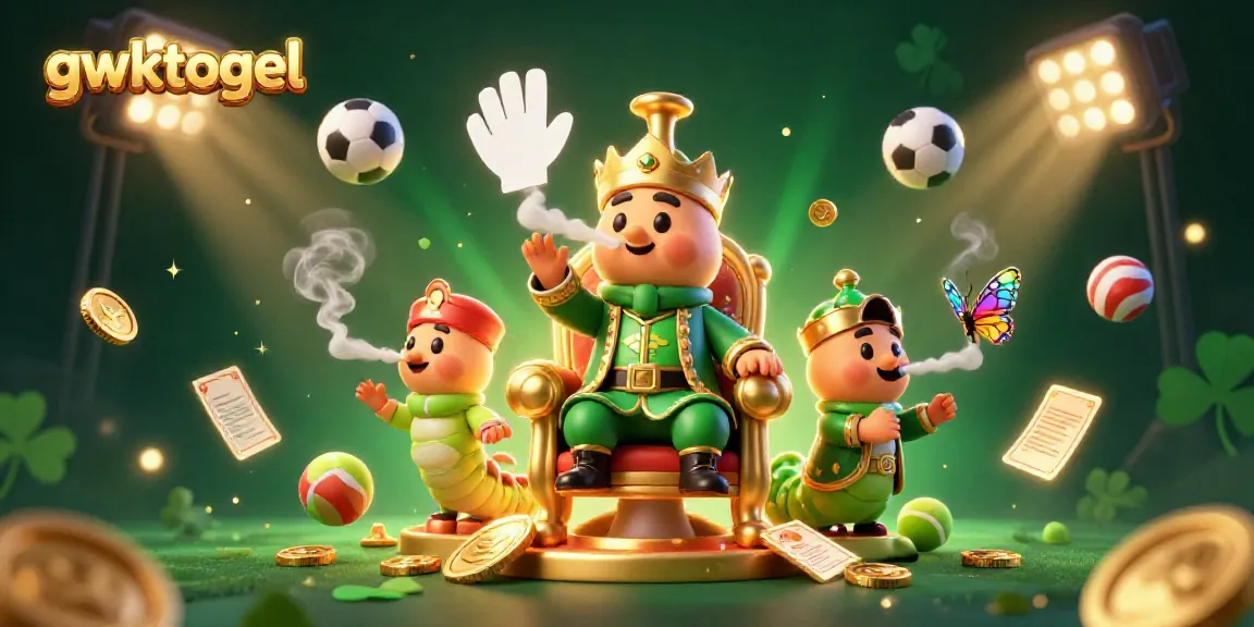 Gambarlah simbol kemenangan kasino di gwktogel dengan karakter karnaval 3D yang ceria.