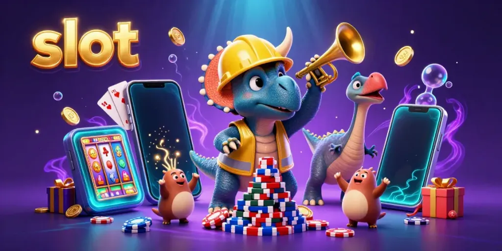 Experience vibrant slot action with a triceratops building poker chips and a parasaurolophus celebrating.