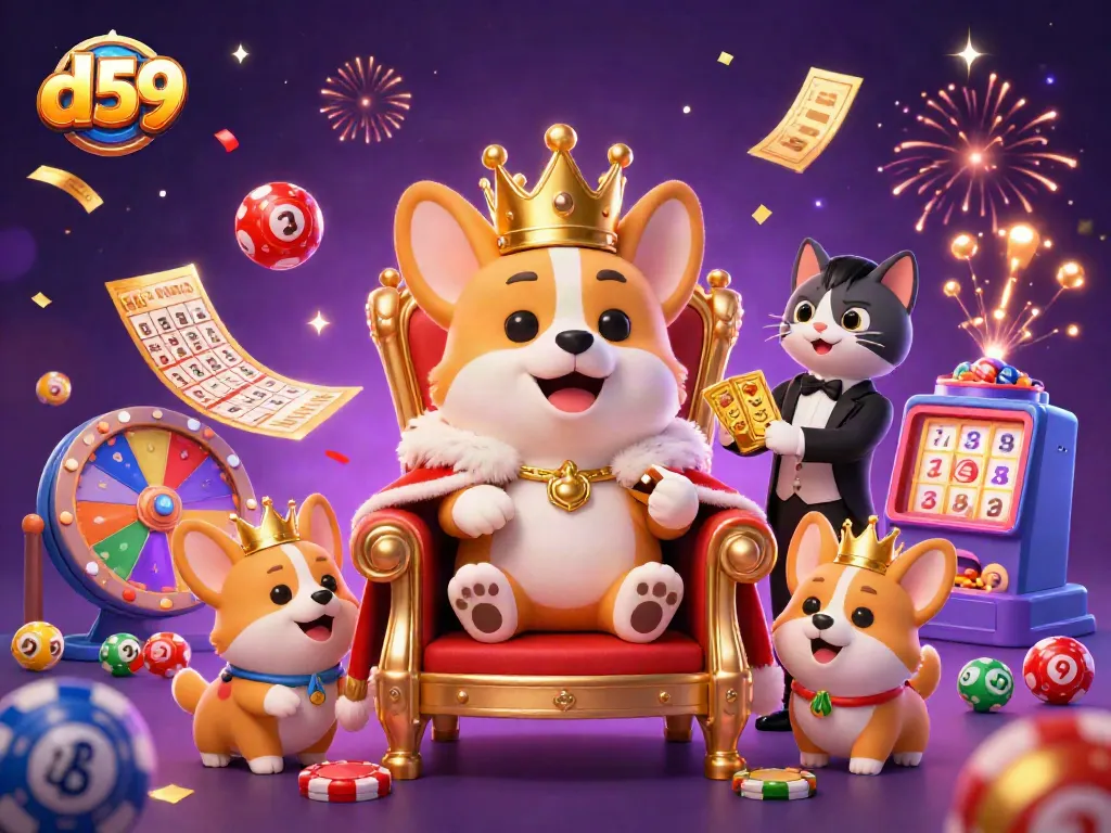 Experience thrilling wins with d59 as a regal corgi and friends celebrate in a vibrant casino.