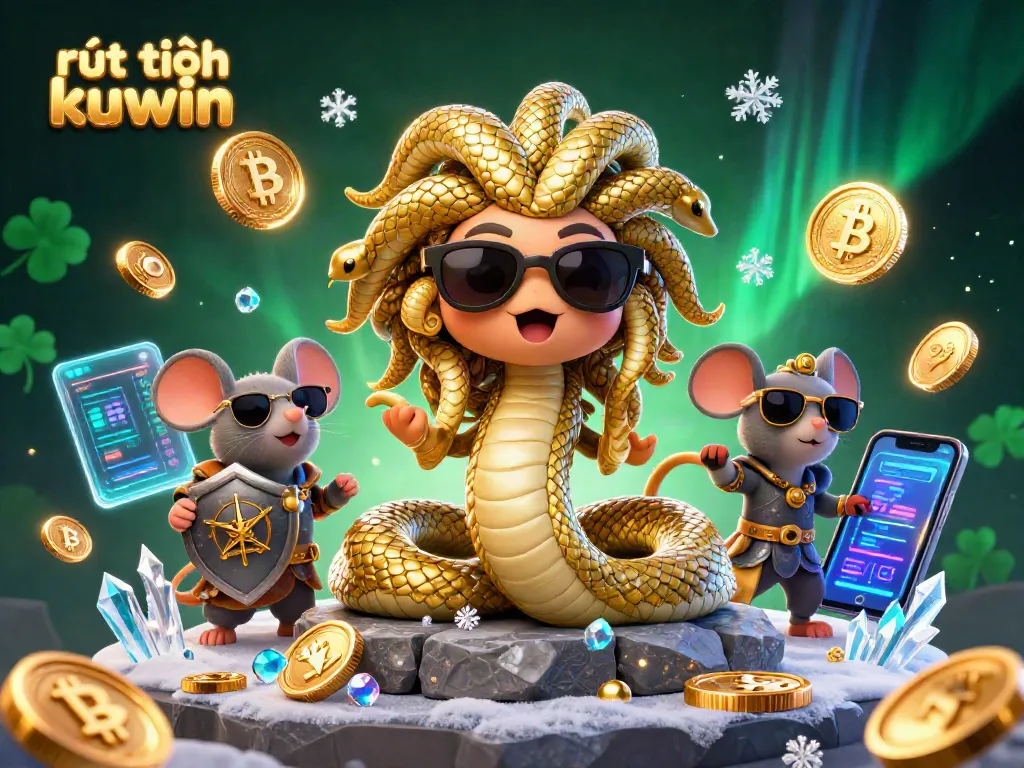 Engage in rút tiền kuwin with an imaginative 3D casino illustration featuring Medusa, a warrior mouse, and vibrant crypto elements.