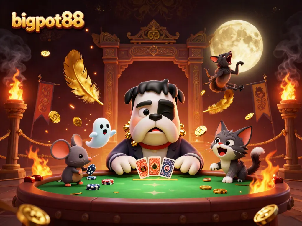 Experience thrilling card games with bigpot88 as a Frankenstein bulldog dealer amidst a spooky casino scene.