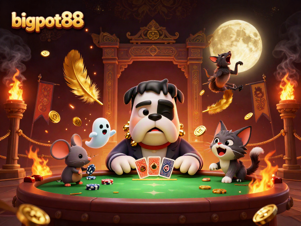Experience thrilling card games with bigpot88 as a Frankenstein bulldog dealer amidst a spooky casino scene.